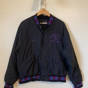 Vintage 90s King Louie Aztec Jacket in Black with purple embroidered varsity